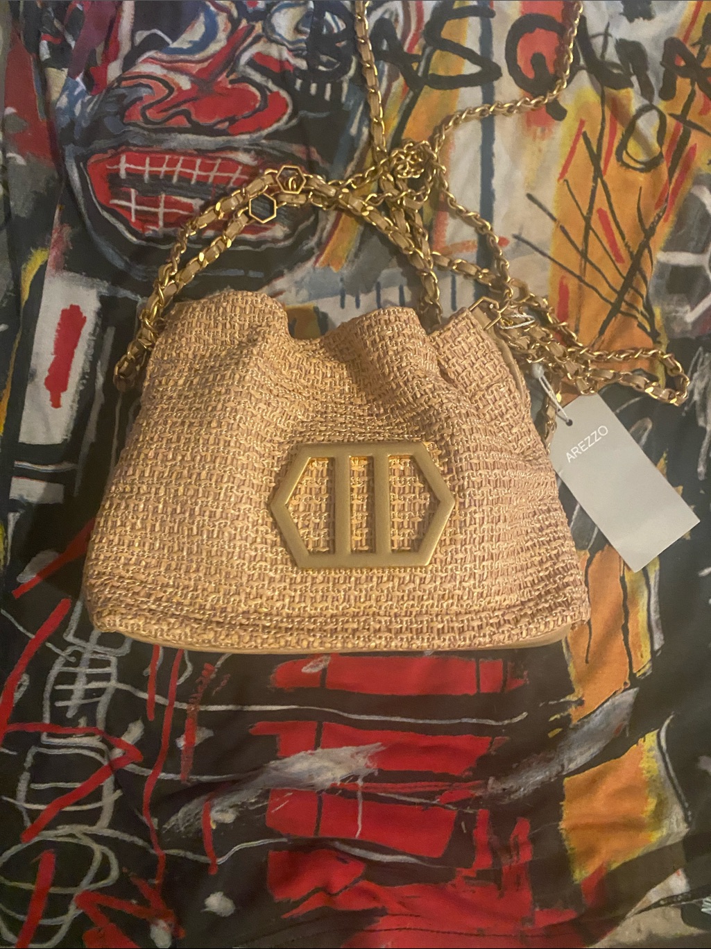 Arezzo Natural Woven Straw Crossbody Bag With Gold Chain